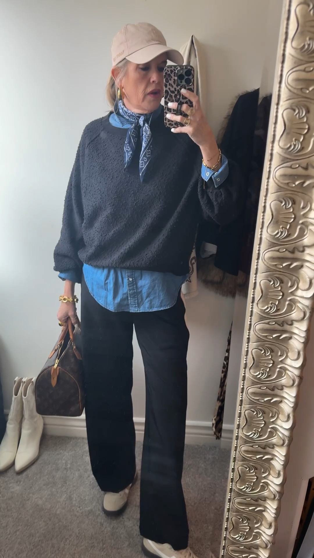 Weekend outfit!

Track pant styling

Black with strip (trouser style track pant) Anthropologie tts I am in the small 

Denim shirt fits true to size 

Layered with 
Free people sweater (sold out) linked similar 

Gola tan and white shoe, comfortable and easy to wear. Tts 

Louis Vuitton speedy 30 bag 

Julie Vos large gold link bracelet  & black & gold ring

Lisi lurch puff gold hoops 

Neutral baseball cap to tie in shoes 

Blue neck scarf!

 

#LTKOver40 #LTKWatchNow #LTKStyleTip