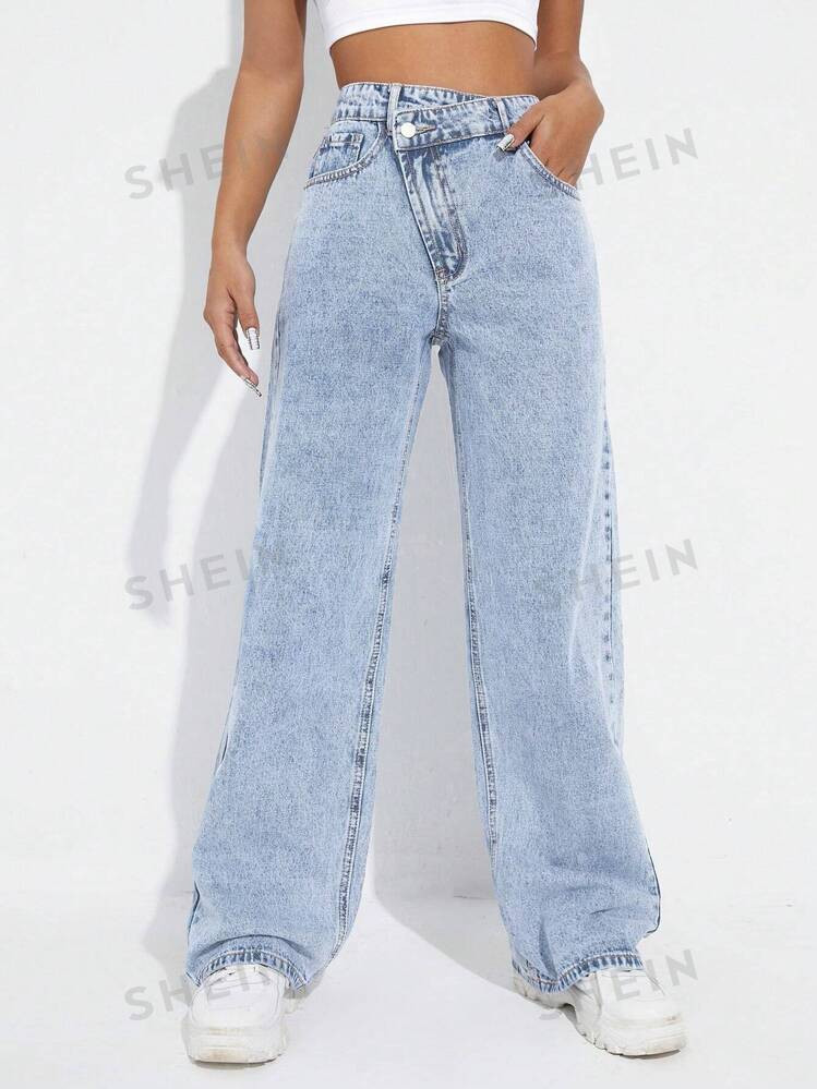 SHEIN Women's Asymmetrical High-Waisted Straight-Legged Loose Fit Denim Pants With Insert Pockets | SHEIN