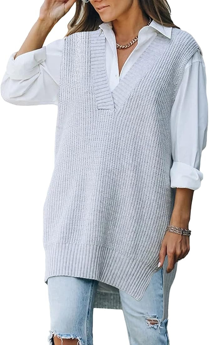 Viottiset Women's Oversized V Neck Knit Sweater Vest Tunic Sleeveless Pullover Top | Amazon (US)