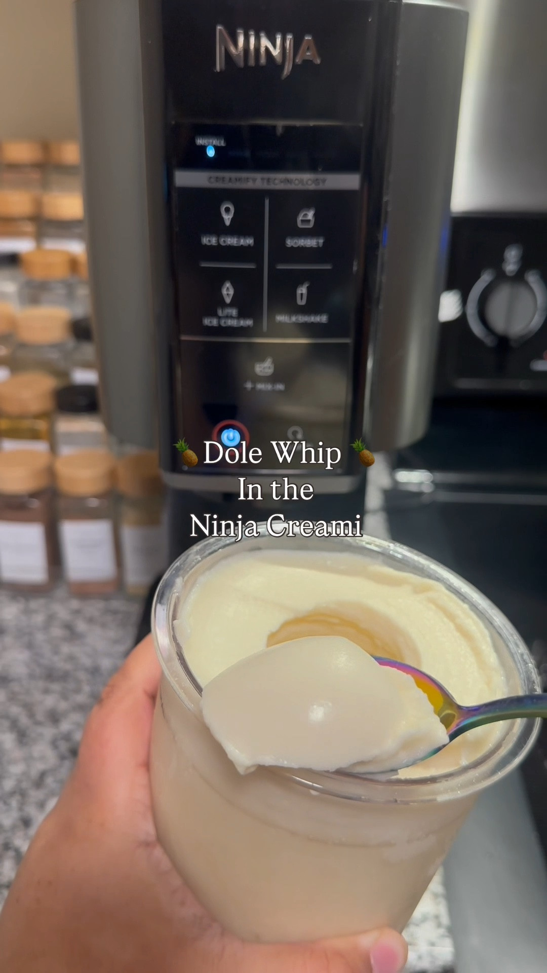 Bringing a taste of Disney magic home! ✨ This homemade Dole Whip in the Ninja Creami is chef’s kiss! 👩🏽‍🍳 so creamy, so pineapple-y 🍍 and SO reminiscent of strolling through Adventureland. Who else needs a little Disney treat at home? 

Recipe below!

1. Fill your pint container with juice of 20oz can of @dolepics pineapple chunks
2.  Fill rest of the container with milk of choice (I used coconut milk) leaving a little room at the top.
3. Add 2-3 tbsp of @jello vanilla pudding powder
4. Add 1 tsp of maple syrup
5. Combine the base well , i used an electric hand held frother to mix. But a whisk will do.
6. Add in your pineapple chunks until the max fill line is reached
7. Freeze overnight
8. Spin 2x on LIGHT ICE CREAM setting
9. Serve & enjoy!!! 💛

#ninjacreami #dolewhip #disney
#DisneyAtHome #DoleWhipMagic