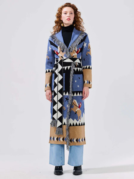 Sunrise Rodeo Merino Jacquard Long Cardigan Denim Blue | Hayley Menzies