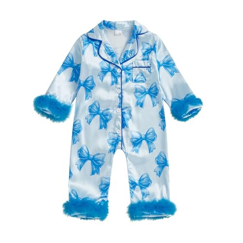 Baby Girl Silk Pajamas Bow Print Feather Trim Sleeve Button Down Romper Overall Jumpsuit Newborn Satin Pjs Nightgown (Bow-Blue, 18-24 Months) | Amazon (US)