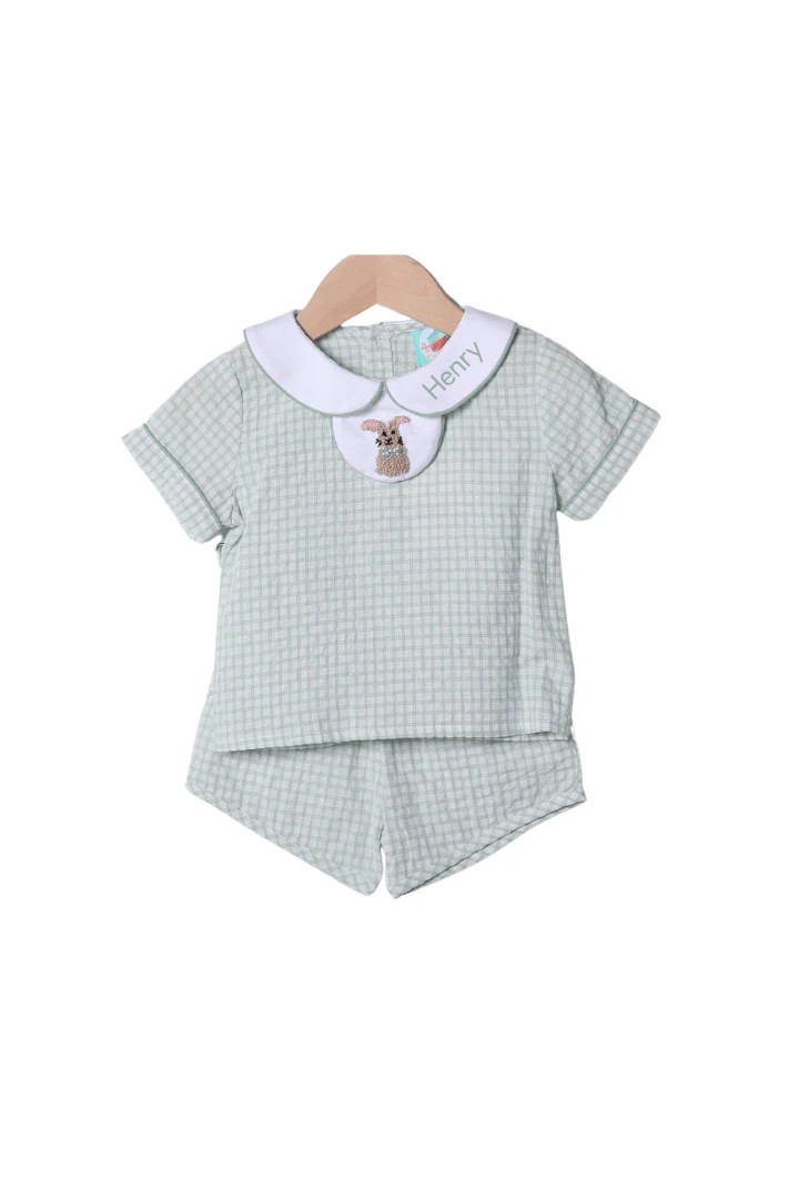French Knot Bunny Removable Tab Sage Windowpane Short Set | The Smocked Flamingo