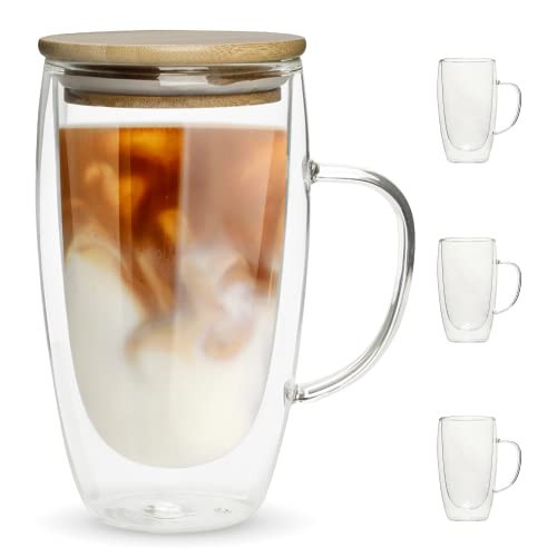 CHEF'S UNIQUE Double Wall Glass Coffee Mugs 16 Oz - Insulated Coffee Mugs With Lid, Clear Glass Cups For Coffee Tea Latte Cappuccino Espresso (set Of 4) | Amazon (US)