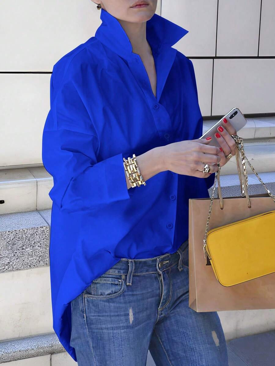 EMERY ROSE Casual Plain Color Blue Long Sleeve Shirt Fall Cloth For Women | SHEIN
