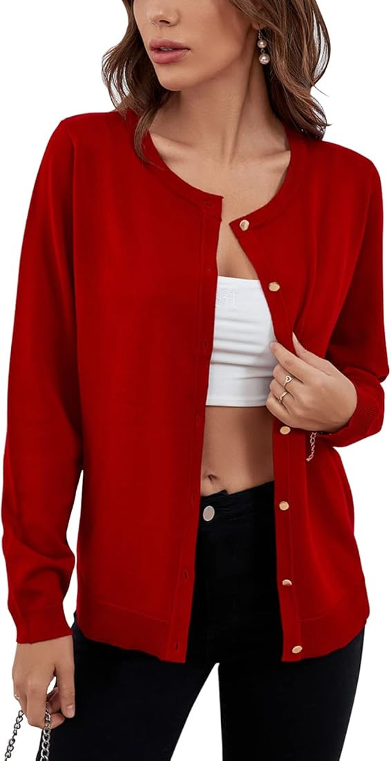 SHADOW & SKY Women's Crewneck Long Sleeve Button Down Classic Solid Color Sweater Knit Cardigan S... | Amazon (US)