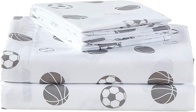 Chezmoi Collection 3-Piece Kids/Teens Sports Sheet Set - Soft Microfiber White Gray Baseball Bask... | Amazon (US)