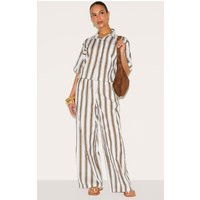 Petite Beige Linen Look Striped Wide Leg Pants | PrettyLittleThing US