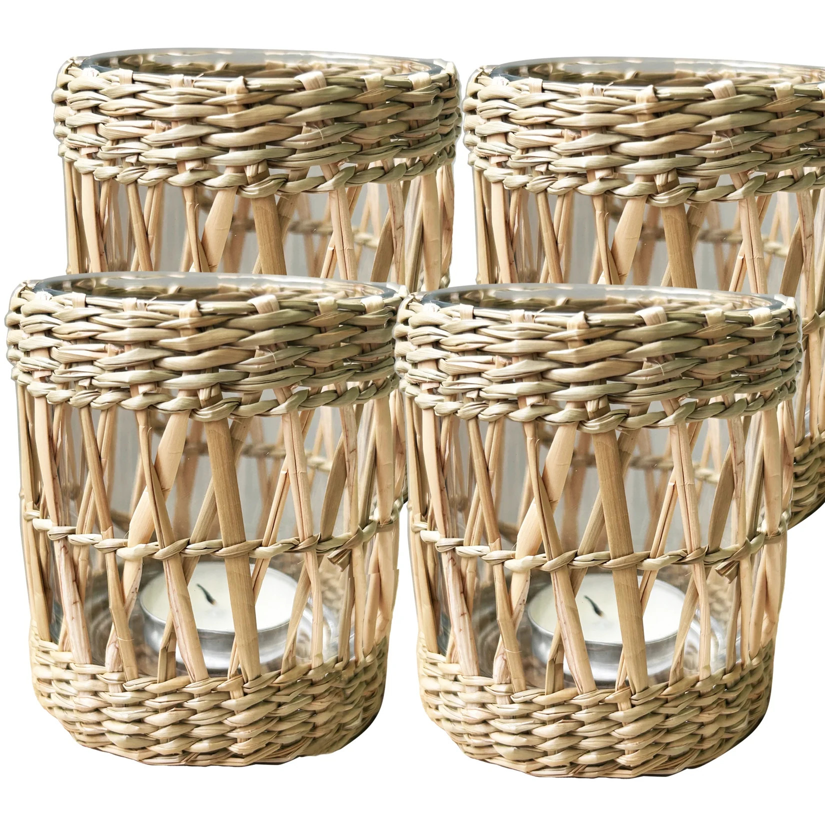 Set 4 Woven Seagrass Votive Candle Holders Tea light Candle Holder Set of 4 - Decorative Boho Wic... | Walmart (US)