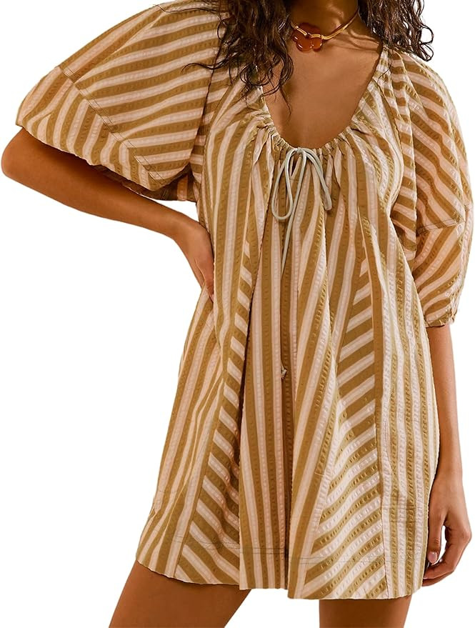 Athlisan Womens Oversized Striped Romper Casual Loose Puff Sleeve Wide Leg Jumpsuit Overall with ... | Amazon (US)