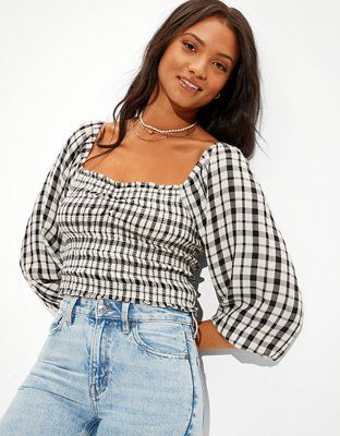 AE Smocked Puff-Sleeve Blouse | American Eagle Outfitters (US & CA)