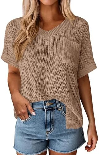 PRETTYGARDEN Women's 2026 Spring Short Sleeve Sweaters Lightweight V Neck Casual Going Out Summer... | Amazon (US)