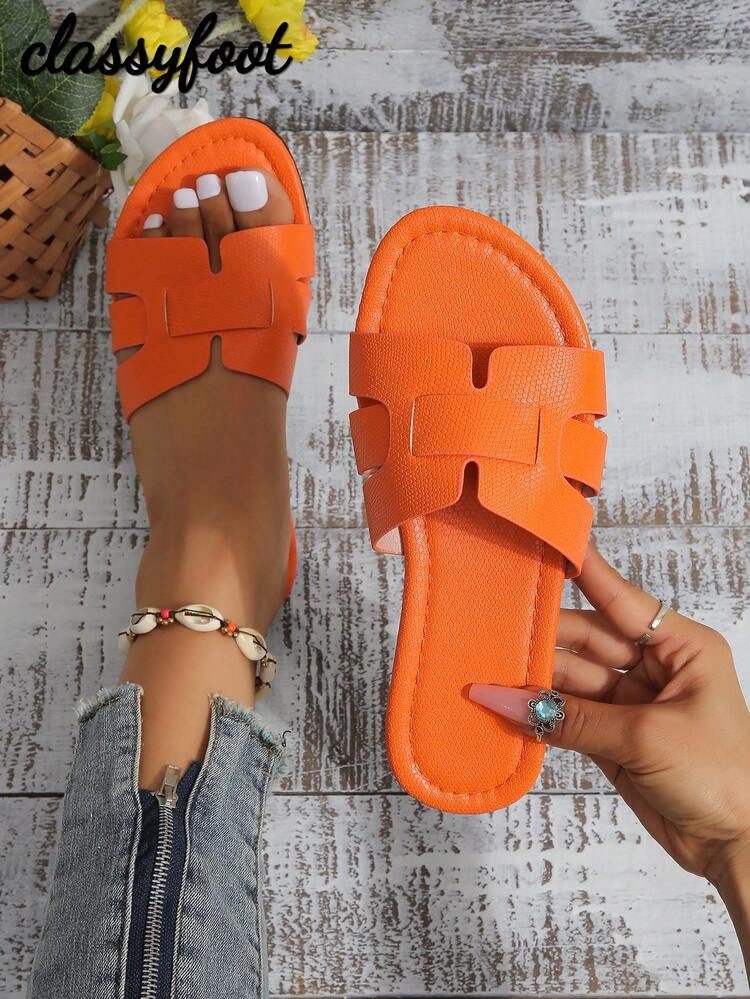 Women's Fashion Snake Skin Pattern Flat Sandals, Orange Summer Slippers | SHEIN