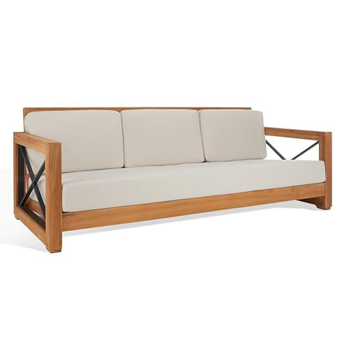 SAFAVIEH Couture Outdoor - Andros Sofa - Brown & Beige - Brazilian Teak Wood - Slatted Design with Removable Cushions - Ideal for Patio, Deck, Porch, Backyard, 16" Seat Height (CPT1010A) | Amazon (US)