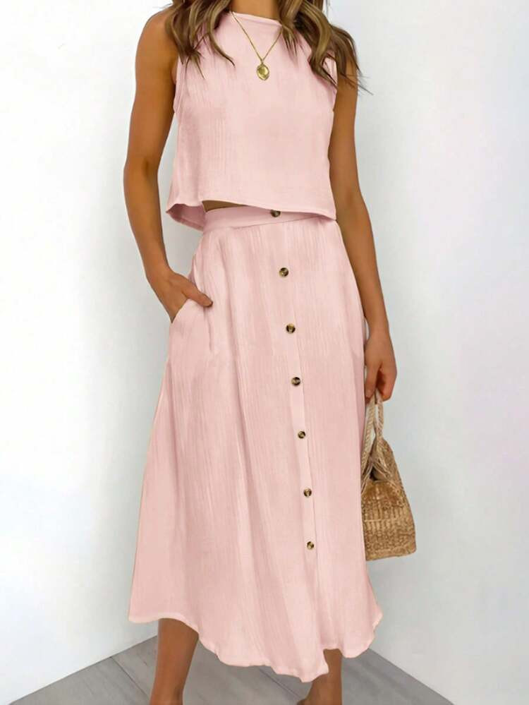 Women 2pcs/Set: Sleeveless Solid Blouse + Casual Loose Front Button Up A-Line Skirt, Summer Outfi... | SHEIN