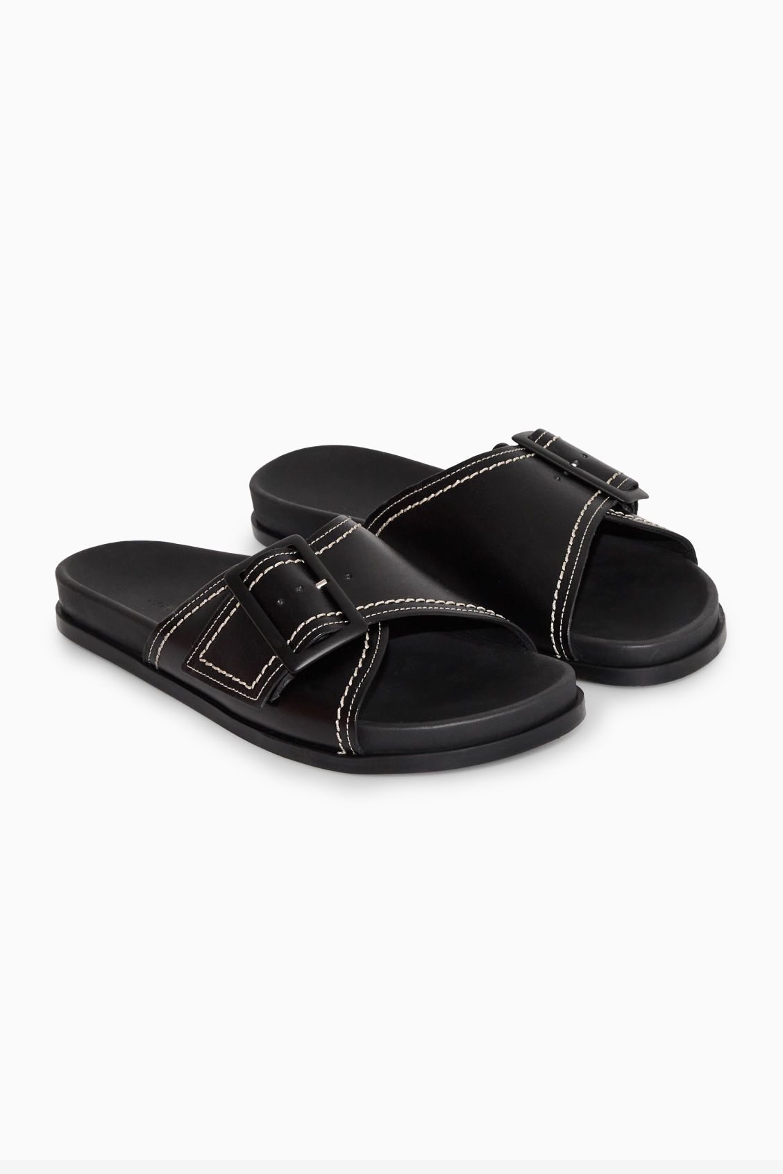 CONTRAST-STITCH BUCKLED LEATHER SLIDES - BLACK / WHITE - COS | COS UK