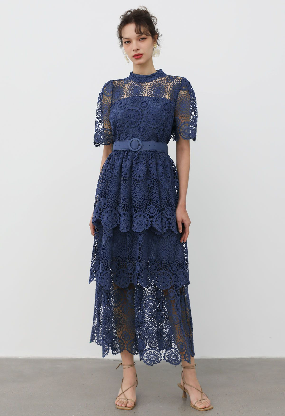 Cutwork Lace Belted Tiered Maxi Dress in Navy | Chicwish
