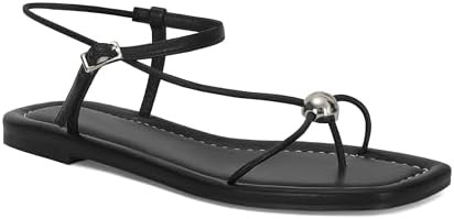 Black Strappy Flat Sandals for Women Comfortable Open Square Toe Sandals Dressy Beach Thong Flip ... | Amazon (US)