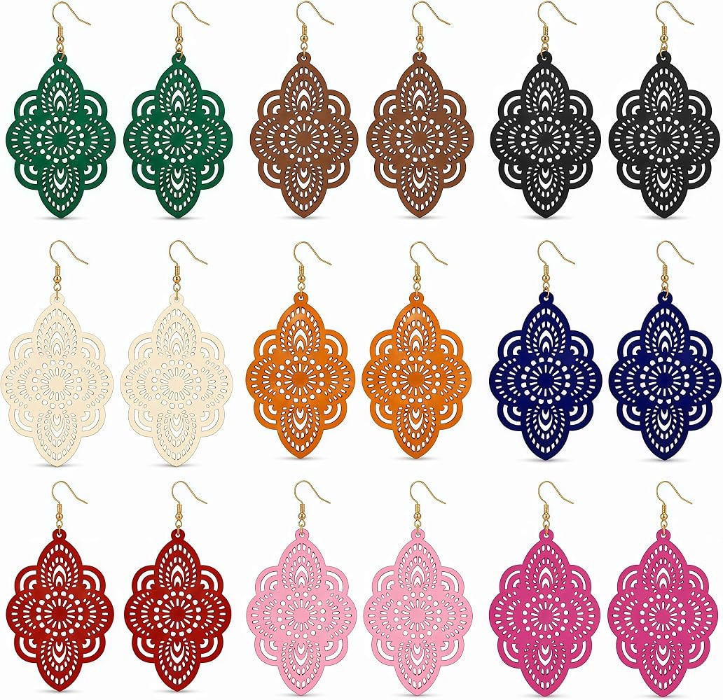 Boho Wooden Dangle Drop Earrings for Women, Vintage Lightweight Retro Geometric Filigree Cutout T... | Amazon (US)