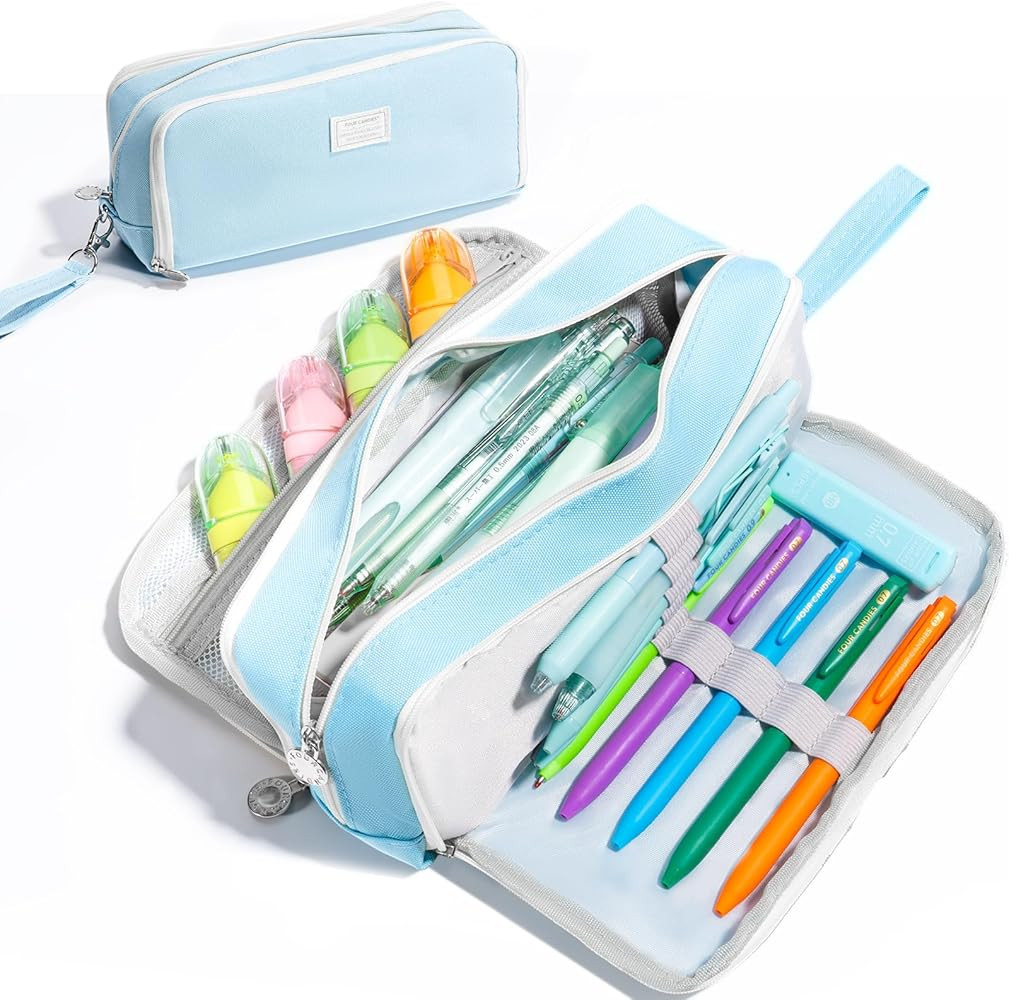 Four Candies Blue Pencil Case 3 Compartment Pouch, Large Pencil Pouch for School, Girls, Teen Boy... | Amazon (US)
