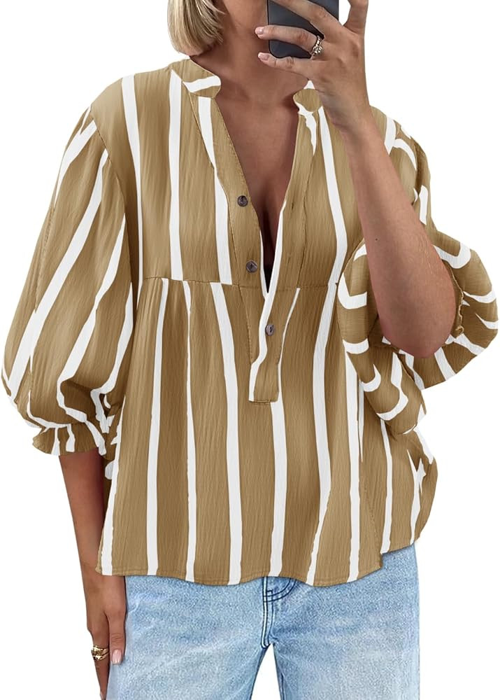 Tankaneo Womens Puff Sleeve Summer Babydoll Tops Cute V Neck Striped Blouse | Amazon (US)
