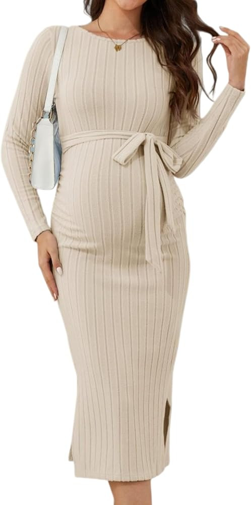 Crewneck Maternity Sweater Dress Rib Knit Long Sleeve Slit Pregnancy Dress Clothes with Belt | Amazon (US)
