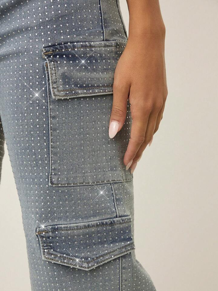 Denimoi Winter Fall Women Clothes, Women's Mid Waist Cargo Rhinestone Decorated Multi-Pockets Str... | SHEIN