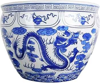 Blue and White Porcelain Fishbowl with Dragon Design (14" W x 11" H - Inside Rim 11.25, Base 9) | Amazon (US)