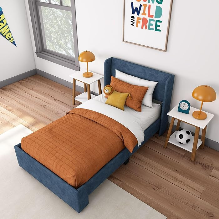 Max & Lily Upholstered Twin Bed Frame with Rectangular Headboard, Upholstered Platform Bed for Ki... | Amazon (US)