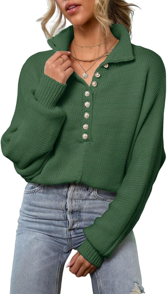 Women Lapel Collar Half Button Knit Sweater V Neck Long Sleeve Solid Pullover Jumper | Amazon (US)