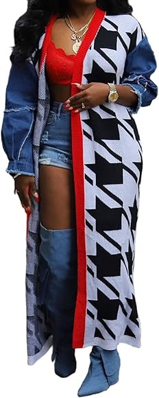 Vaceky Denim Sleeve Cardigan Sweaters Women Color Block Open Front Lightweight Long Cardigans | Amazon (US)