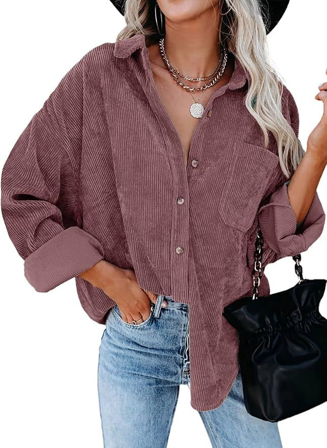 Dokotoo Womens Corduroy Button Down Shirts Boyfriend Long Sleeve Oversized Blouses Tops | Amazon (US)
