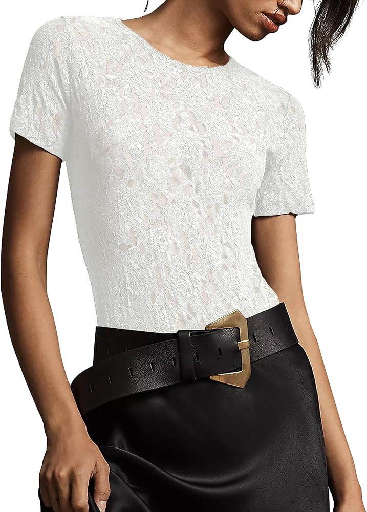 Gacaky Womens Mesh Sheer Short Sleeve Layering Top Summer Sexy Y2k Floral Embroidery Lace See Thr... | Amazon (US)