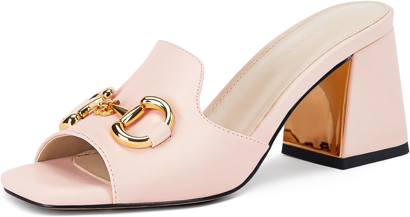 gihubafuil Women's Sandals Peep Toe Slides Chunky Heel Mules Single Band Comfort Slip-on Shoes with Metal Chain for Spring Summer | Amazon (US)