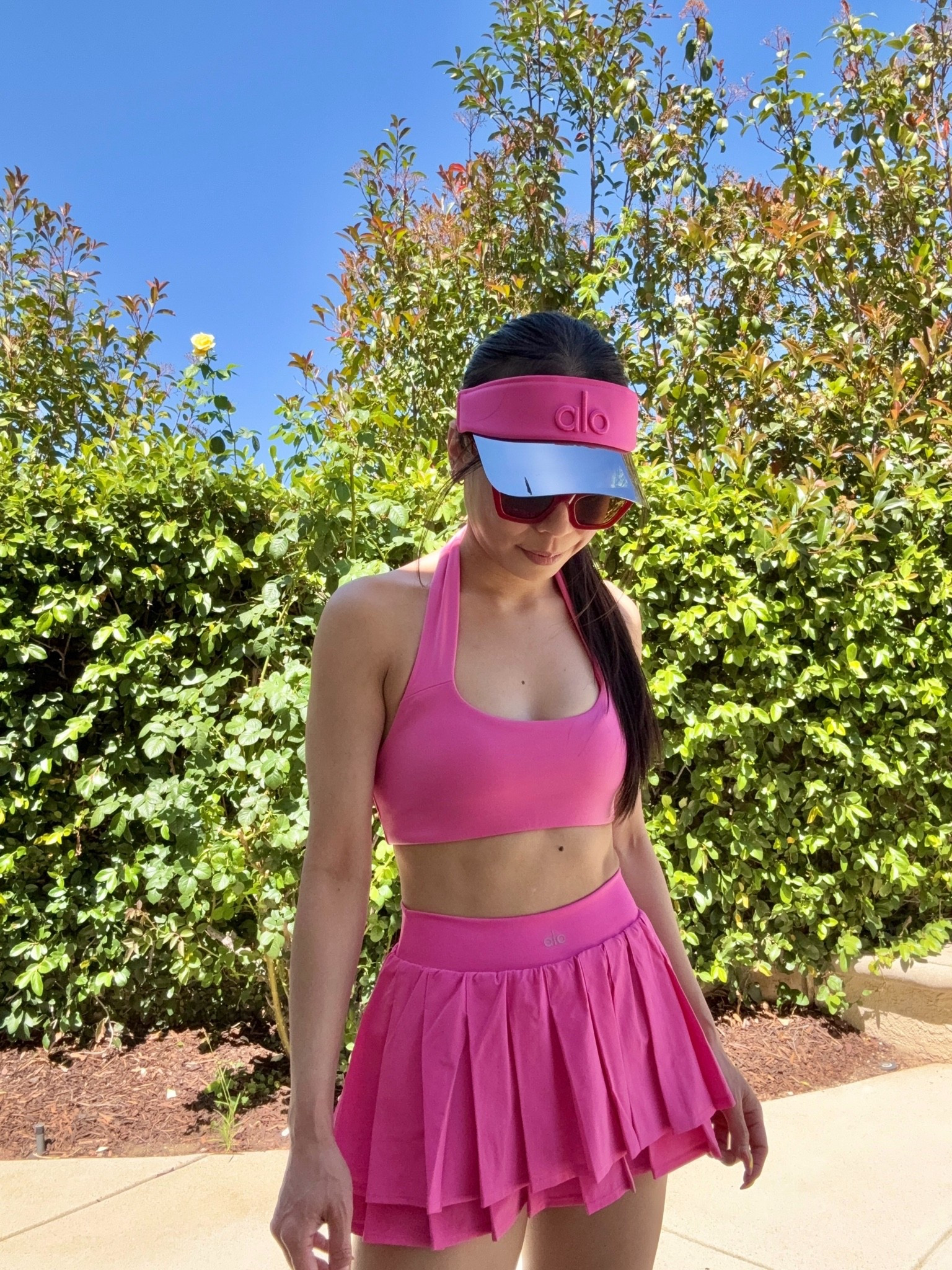 @Alo Yoga Paradise Pink Airlift Solar Visor, Feel the Heat Halter Bra, and Double Up or Nothing Skirt 💓