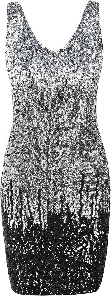 PrettyGuide Women's Sexy Deep V Neck Sequin Glitter Bodycon Stretchy Mini Party Dress | Amazon (US)