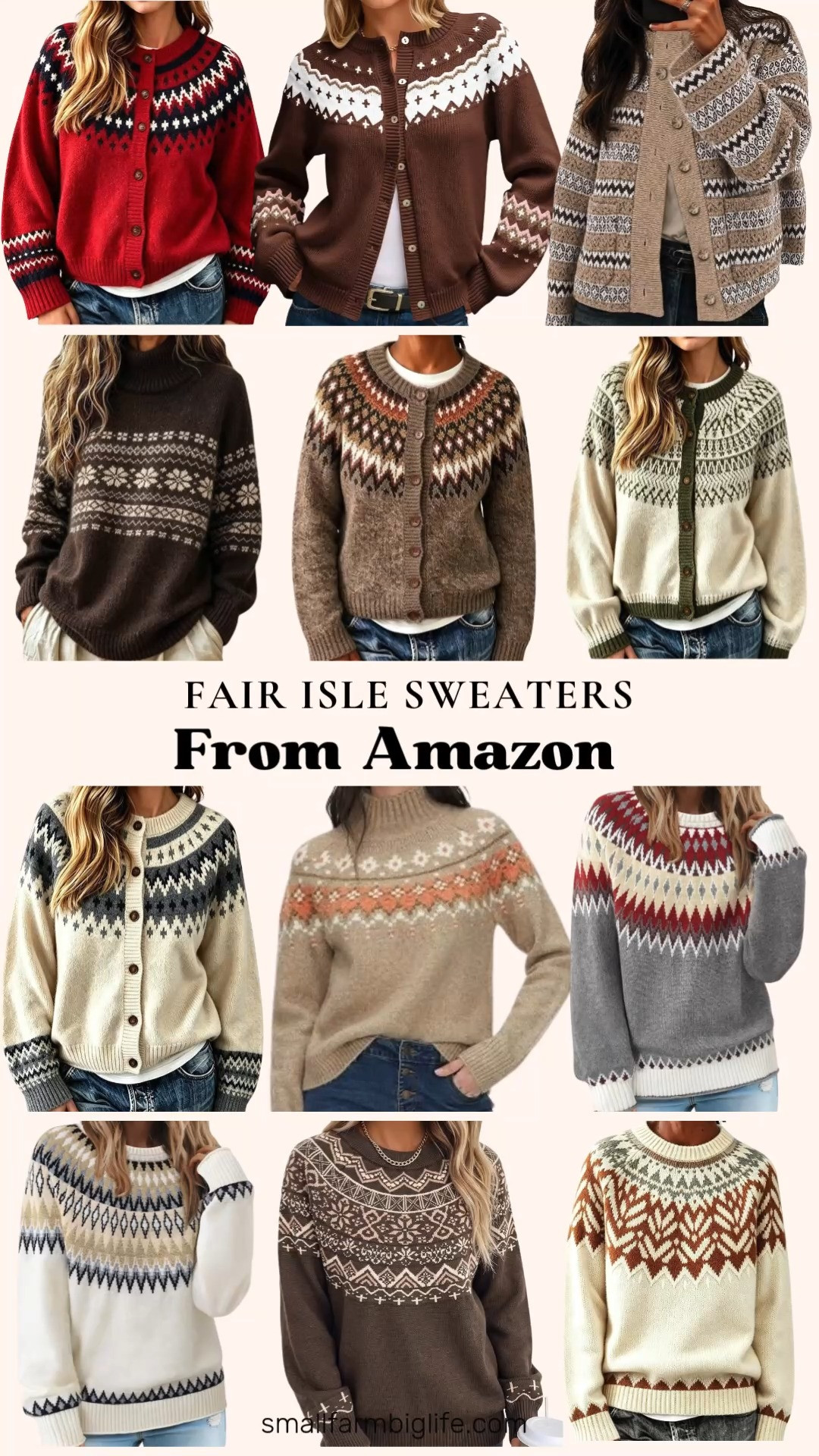 Fair Isle Sweaters From Amazon 🍂 Fair Isle sweaters are a cozy fall and winter classic, and these Amazon finds have that vintage Nordic look for a fraction of the price. Love a cardigan? Choose from open front Fair Isle cardigans in cream and olive green, beige and grey, or red, black, and white, plus button up cardigans in brown and white, oatmeal, white, and brown, and a solid brown style with Nordic details. For pullovers, there's a white, tan, and grey color block sweater, a grey, red, and white version, a tan, peach, and white wool blend mock neck sweater, and a dark brown and cream oversized Icelandic style turtleneck. The brown, tan, and beige chunky pullover and the cream, brown, and grey crewneck round out the collection. These sweaters pair perfectly with jeans and boots for sweater weather, holiday gatherings, and cozy fall outfits for women over 50 and beyond!

#amazonfashion #amazonfinds #fairislesweater #sweaterweather #falloutfits #nordicsweater 

 #LTKootd #LTKOver40 #LTKWorkwear