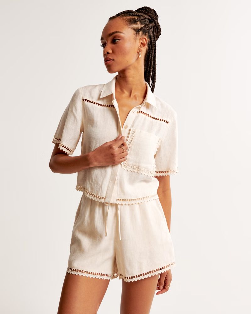 Women's Short-Sleeve Linen Embroidered Shirt | Women's Matching Sets | Abercrombie.com | Abercrombie & Fitch (US)