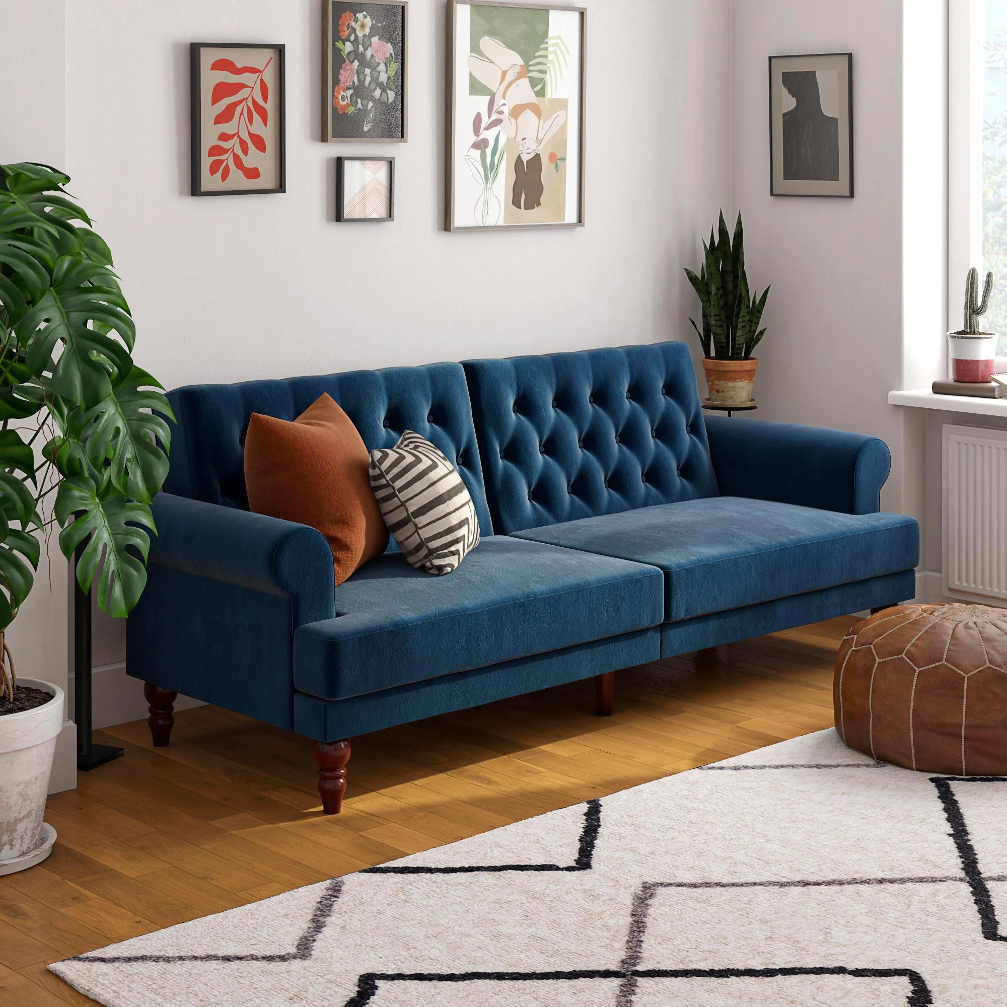 Novogratz Upholstered Cassidy Futon, Convertible Sofa Bed, Blue Velvet | Walmart (US)