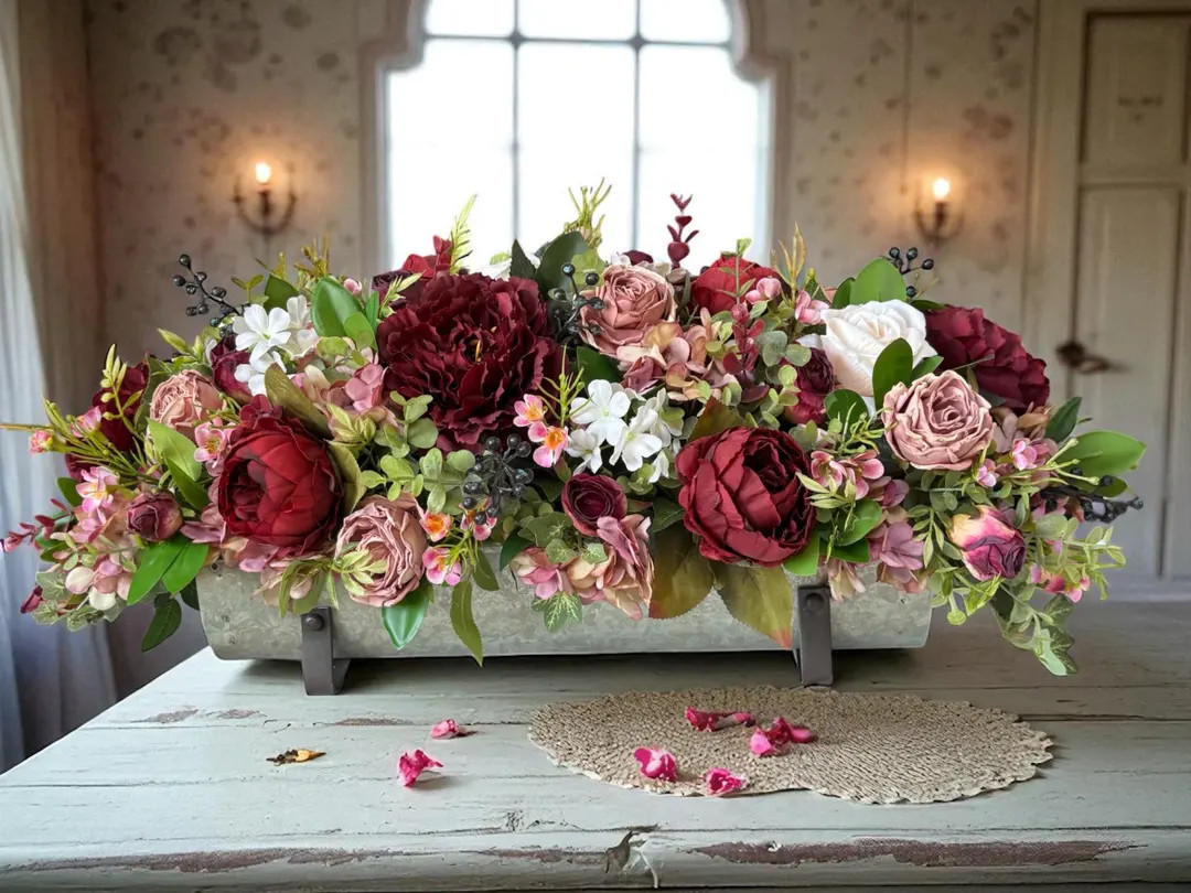 Elegant Rectangular Burgundy Table Centerpiece, Peony and Rose Long Table Top Arrangement - Etsy | Etsy (US)