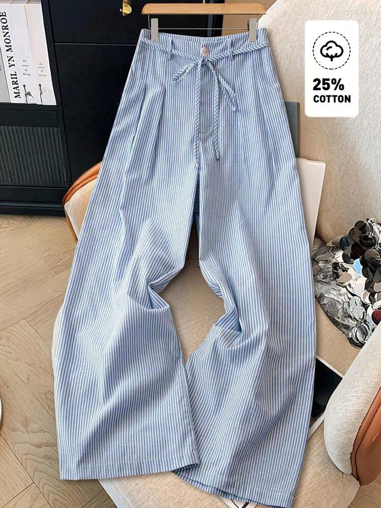 GlowEve Pantalones Anchos De Traje Casual De Mujer De Bambú Con Diseño De Nudo A Rayas Azules, Para Primavera/Verano | SHEIN