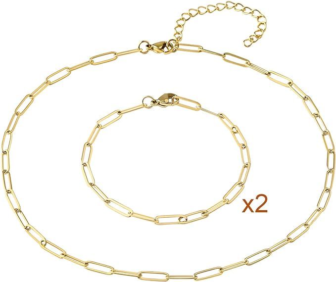 14k Real Gold Plated 4mm Oval Chain Link Choker Necklace Bracelets,Paperclip Link Necklaces,Chunk... | Amazon (US)