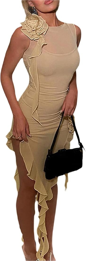 Women 3D Floral Tassels Dress Ruffle Fringe Sheer Mesh Dress Y2K Off Shoulder Bodycon Tube Dress ... | Amazon (US)