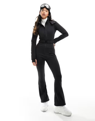 ASOS 4505 Ski water repellent belted ski suit with faux fur hood in black | ASOS (Global)