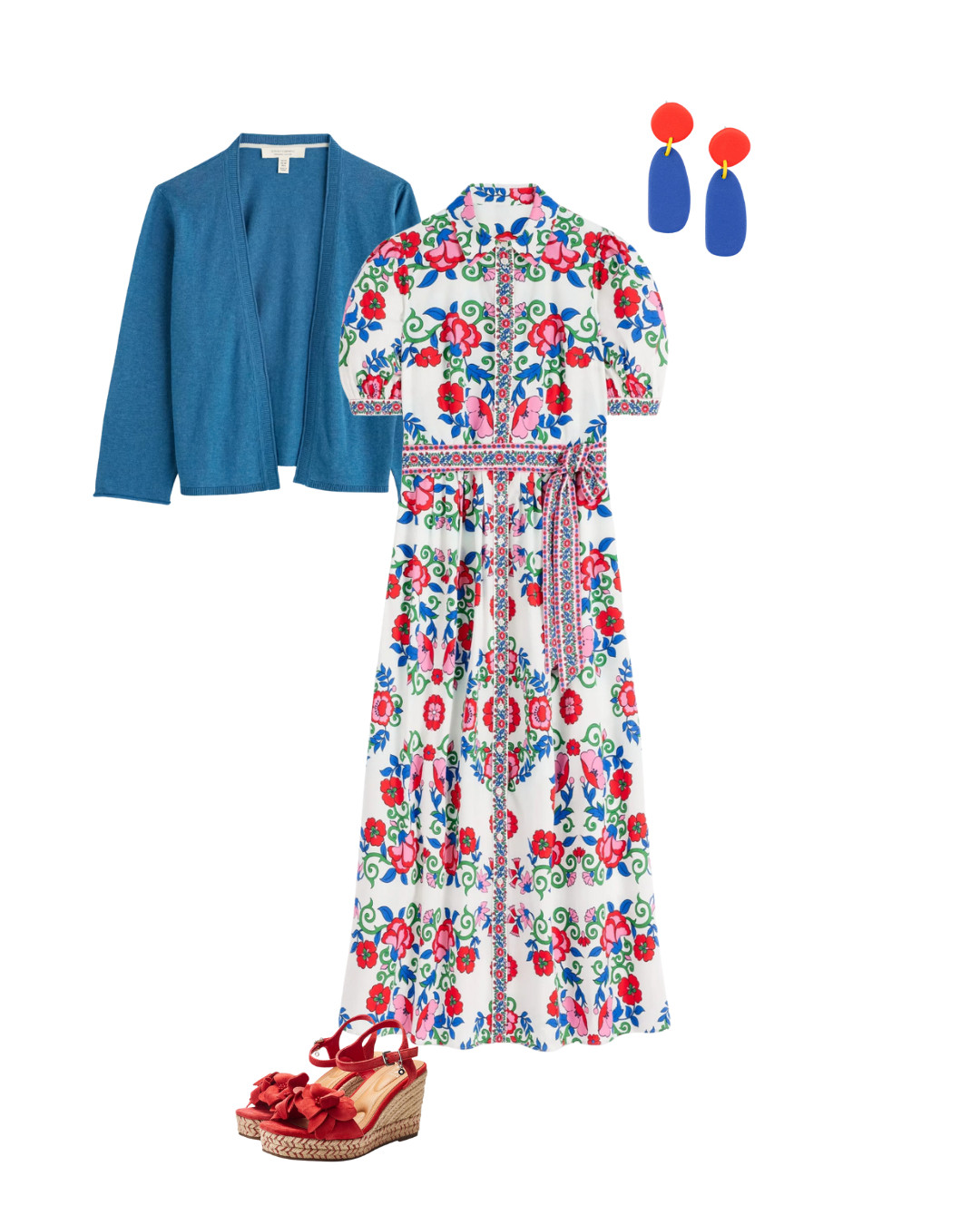 What to wear to host a garden party - botanical print dress, wedge sandals, lightweight cardigan and statement earrings 

 #LTKsummer #LTKover50style #LTKstyletip