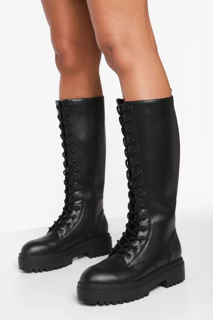 Knee High Lace Up Combat Boots | boohoo (US & Canada)