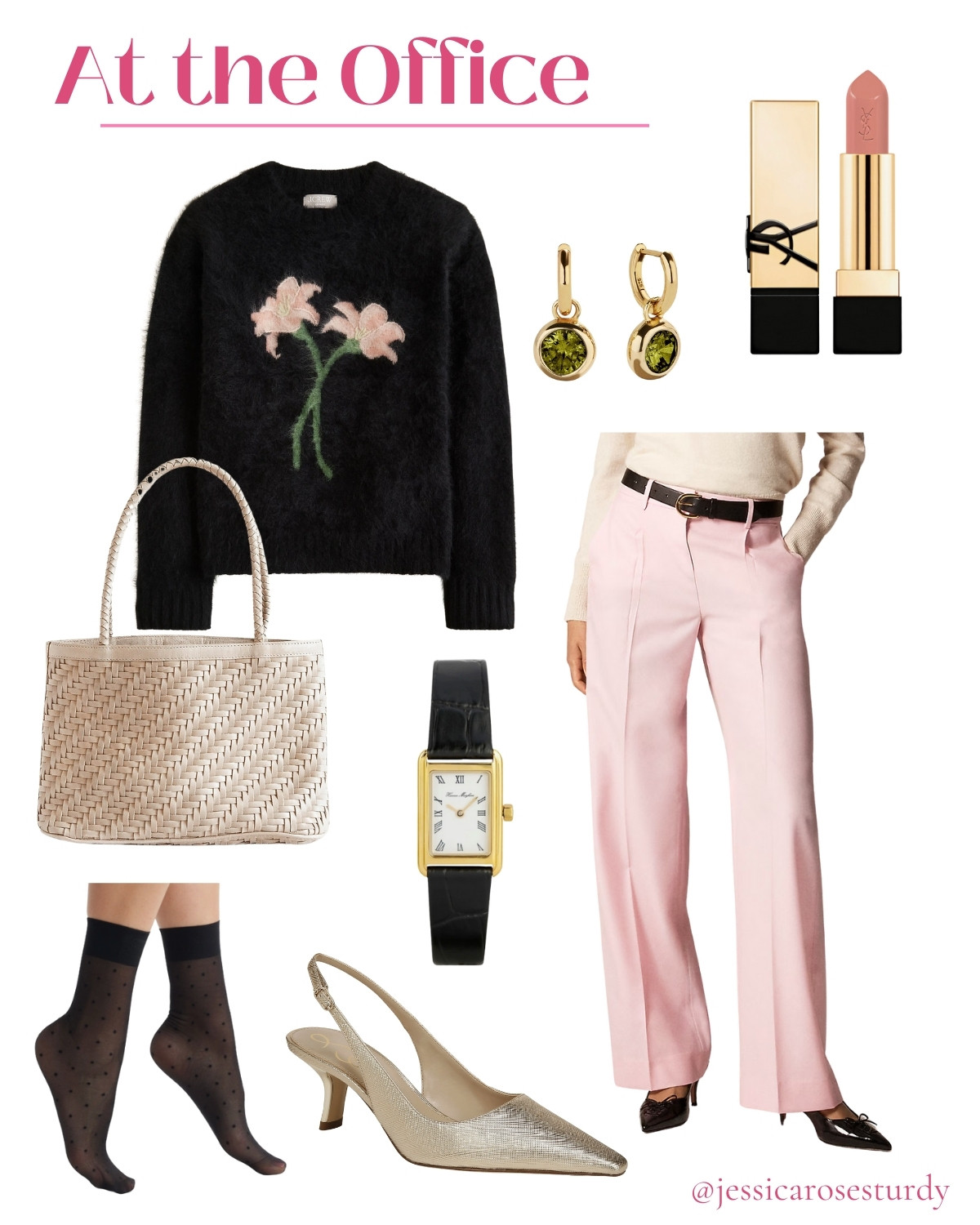There’s nothing more chic than adding a pop of pastel to your winter workwear outfits! These light pink trousers will seriously pair with more than you think they well, and you can wear them in the spring and summer, too. 
The model styling shows the pants with black heels, which works, but I love a little less contrast when it comes to lighter pants. A metallic, beige, or brown heel always works. Try a sheer black sock peeking out to cover your skin in the winter!
I love how the earrings pick up the green from the sweater, and this bag is proof you can wear ecru all year round. 

#LTKStyleTip #JCrew #Nordstrom Winter capsule wardrobe

#LTKootd #LTKWorkwear #LTKSeasonal