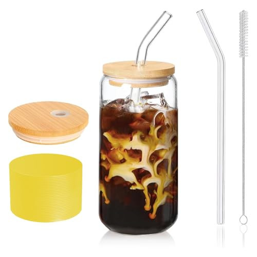 DAMCONME Glass Cups with Lid and Straw,Preppy Cups for Iced Coffee,Matcha,Mojito-16 Oz-Bamboo Lids-Dishwasher Safety-Brush-1 Brush - Bright Yellow | Amazon (US)