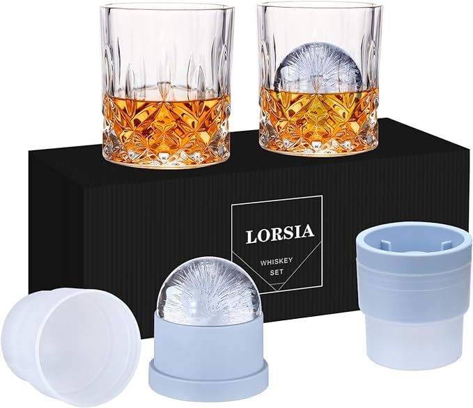 Whiskey Rocks Glass, Set of 4 (2 Crystal Bourbon Glasses, 2 Round Big Ice Ball Molds) In Gift Box... | Amazon (US)