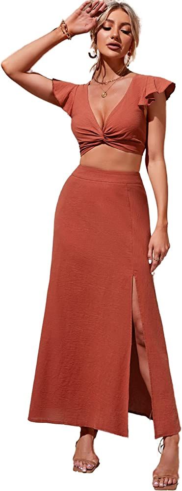 SheIn Women's Twist Plunging Neck Ruffle Crop Blouse Top 2 Pieces Midi Skirt Set | Amazon (US)